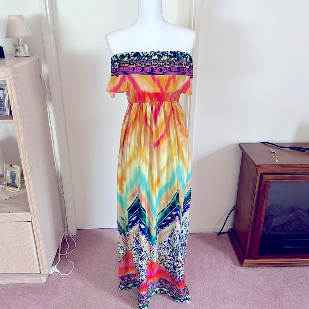 Strapless rainbow maxi dress